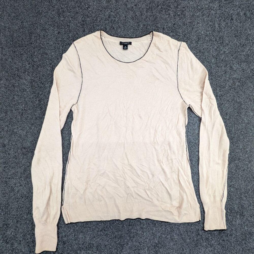 Ann Taylor Top Womens M Cream Knit Round Neck Contrast Stitch Long Sleeve